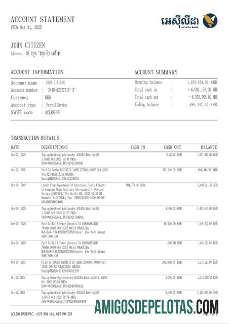 Imprimível Camboja ACLEDA Extrato de conta bancária modelo Word e PDF, versão 2